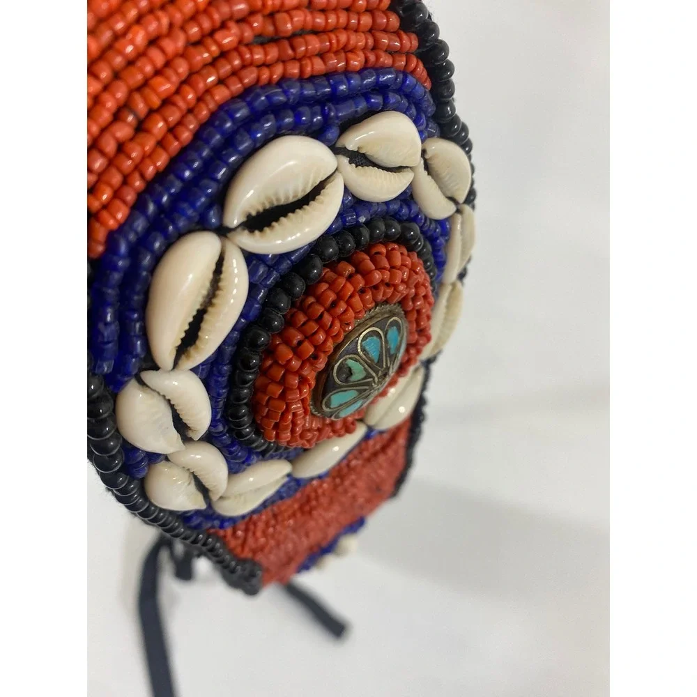 Tribal Beaded Festival Cowrie Shell Belt Orange Blue Bead Boho Medallion Tie